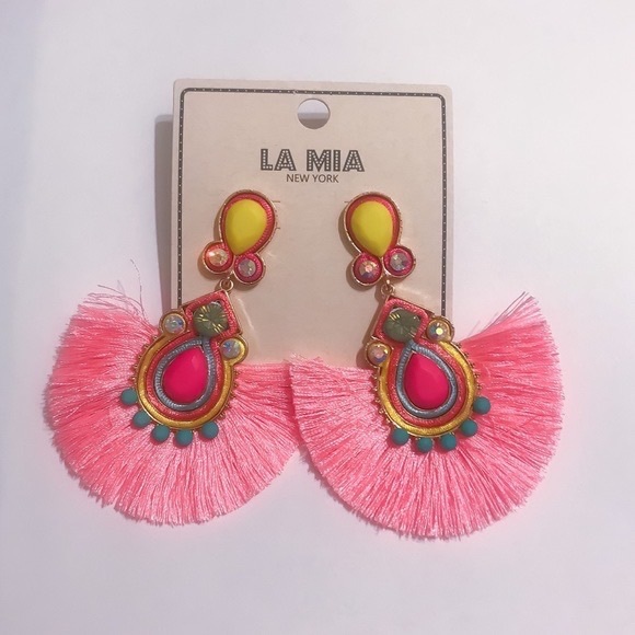 SOLD OUT🆕La Mia PINK & RHINESTONE TASSEL EARRINGS - Picture 3 of 3